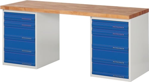 Werkbank | serie BK 650 | B2000xD700xH840mm | beukenhout | lichtgrijs RAL7035 gentiaanblauw 90004255