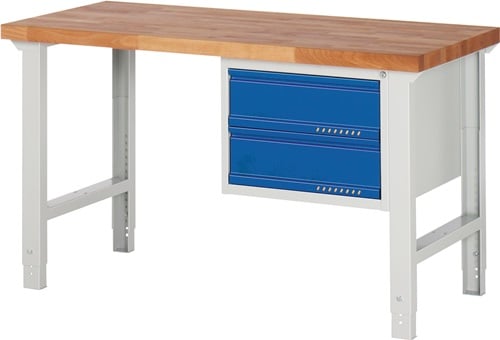 Promat Werkbank | serie BK 650 | B1500xD700xH790-1140mm beukenhout | lichtgrijs RAL7035 gentiaanblauw RAL5010 | 2 laden - 9000425536 9000425536