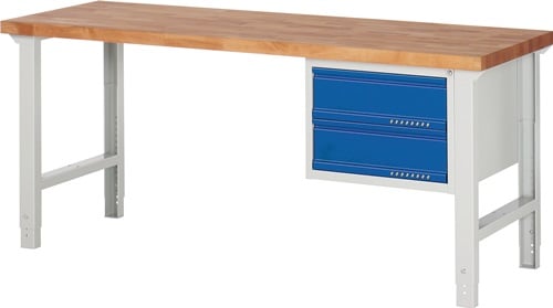 Promat Werkbank | serie BK 650 | B2000xD700xH790-1140mm beukenhout | lichtgrijs RAL7035 gentiaanblauw RAL5010 | 2 laden - 9000425537 9000425537