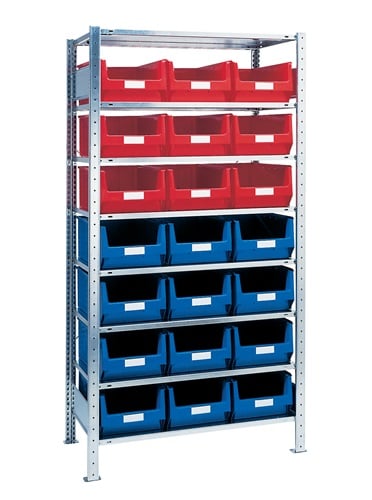 Promat Stellingkast | H2000xB1000xD500mm | uitbreidingsstelling | 8 stalen legplanken | 12 x MK2 blauw | 9 x MK2 rood - 9000449841 9000449841