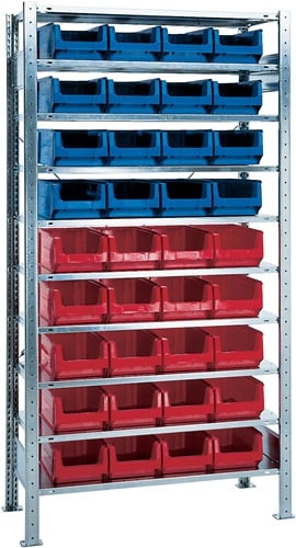 Promat Stellingkast | H2000xB1000xD400mm | uitbreidingsstelling | 10 stalen legplanken | 16 x MK3Z blauw | 20 x MK3Z rood - 9000449845 9000449845