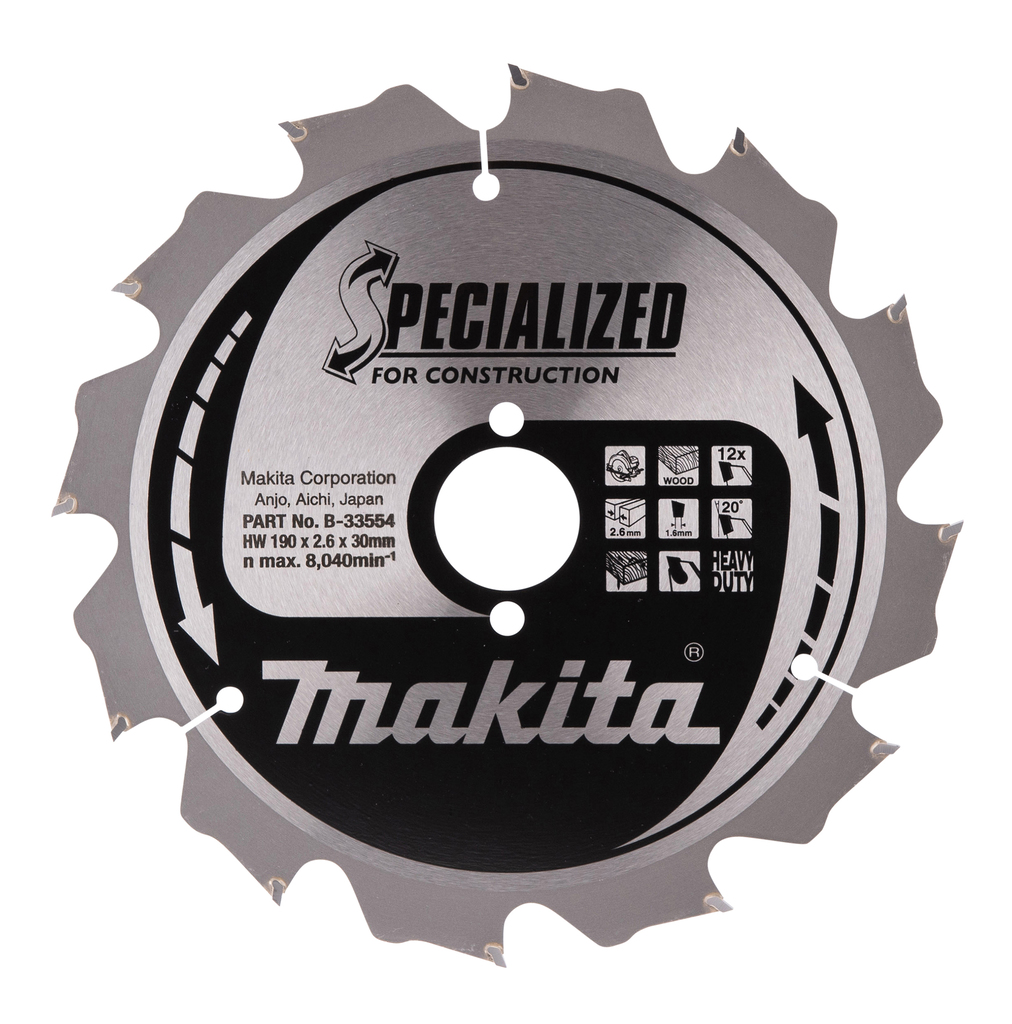 Makita Accessoires Cirkelzaagblad Hout | Bouw/Constructie Specialized 190x30x2,6 12T 20g - B-33554 afbeelding