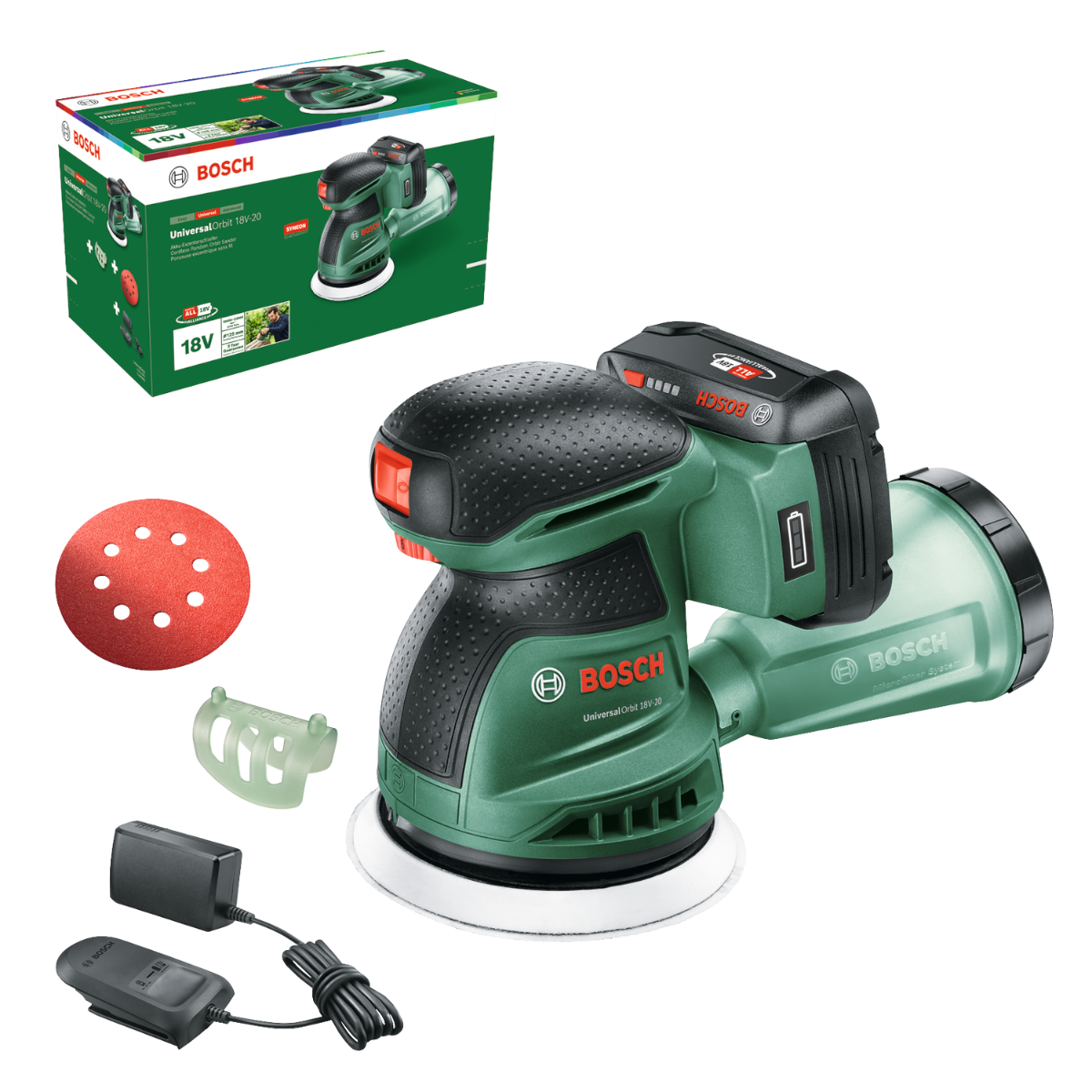 Bosch Groen UniversalOrbit 18V-20 Accu-excenterschuurmachine | Inclusief 2,0 Ah Accu & AL18V20 Lader - 06033E4102