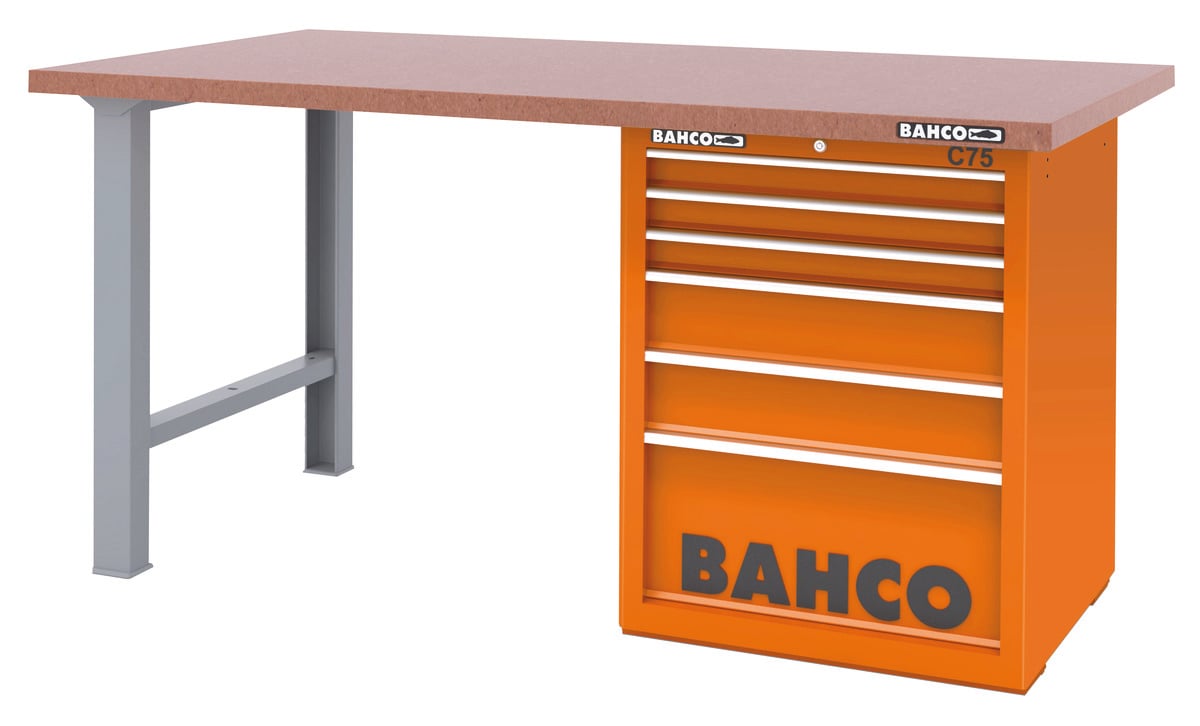 Bahco Werkbank | heavy-duty | met MDF werkblad | ladeblok | 6 lades | 2 poten | rood | 1500 mm x 750 mm x 880 mm - 1495KH6RDWB15TD