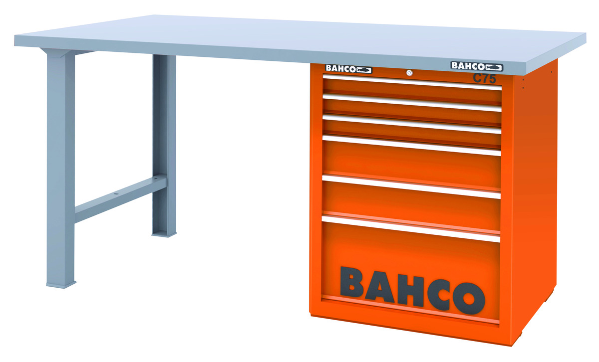 Bahco Werkbank | heavy-duty | met stalen werkblad | ladeblok | 6 lades | 2 poten | zwart | 1800 mm x 750 mm x 880 mm 1495KH6BKWB18TS