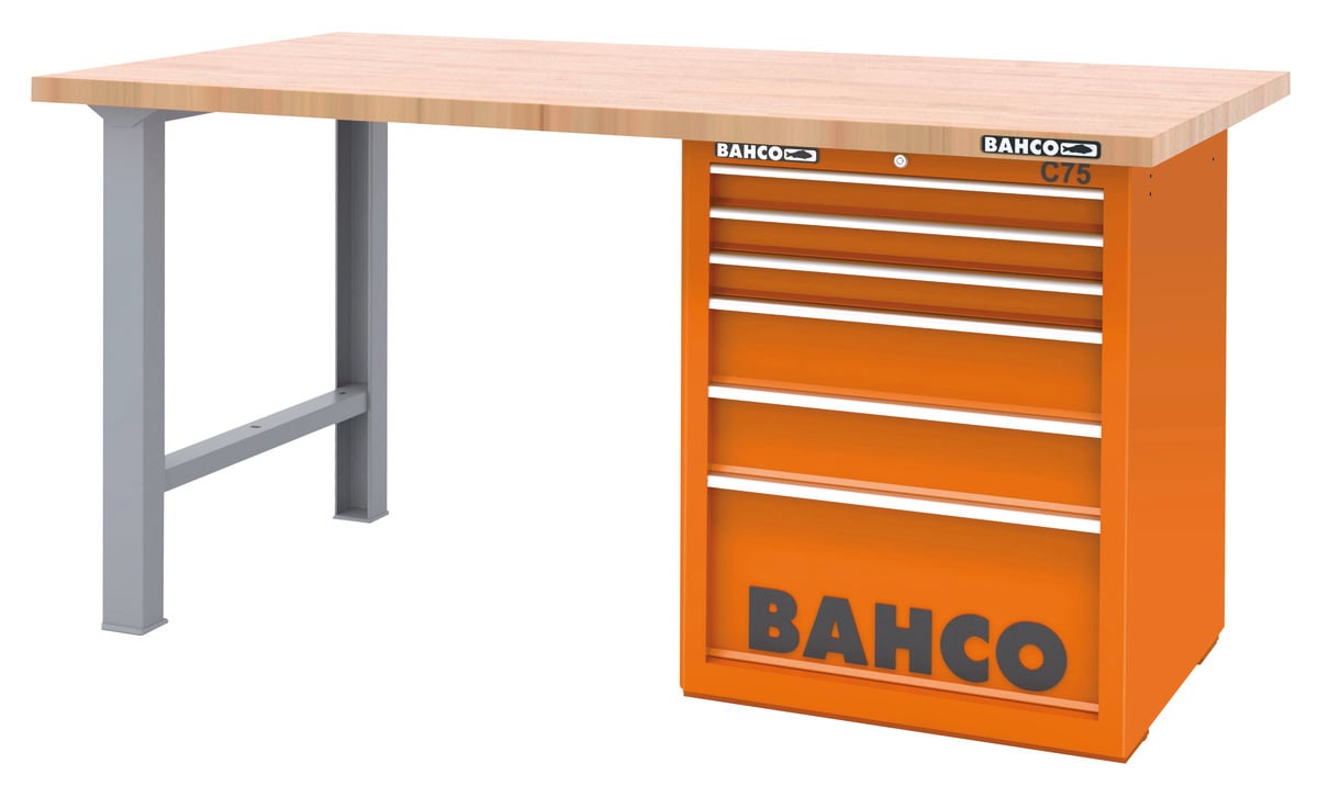 Bahco Werkbank | heavy-duty | met houten werkblad | ladeblok | 6 lades | 2 poten | oranje | 1800 mm x 750 mm x 880 mm - 1495KH6WB18TW