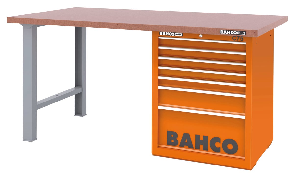 Bahco Werkbank | heavy-duty | met MDF werkblad | ladeblok | 7 lades | 2 poten | blauw | 1500 mm x 750 mm x 880 mm - 1495KH7BLWB15TD