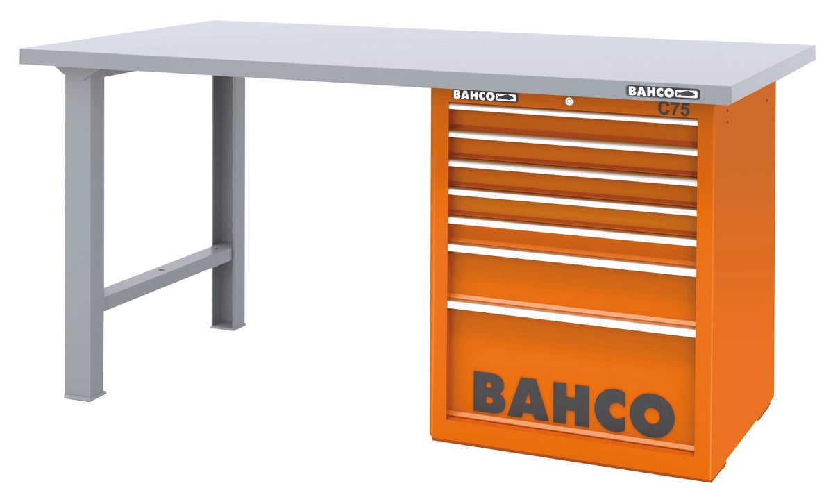 Bahco Werkbank | heavy-duty | met stalen werkblad | ladeblok | 7 lades | 2 poten | rood | 1800 mm x 750 mm x 880 mm - 1495KH7RDWB18TS