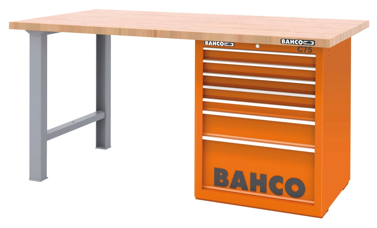 Bahco Werkbank | heavy-duty | met houten werkblad | ladeblok | 7 lades | 2 poten | rood | 1500 mm x 750 mm x 880 mm - 1495KH7RDWB15TW