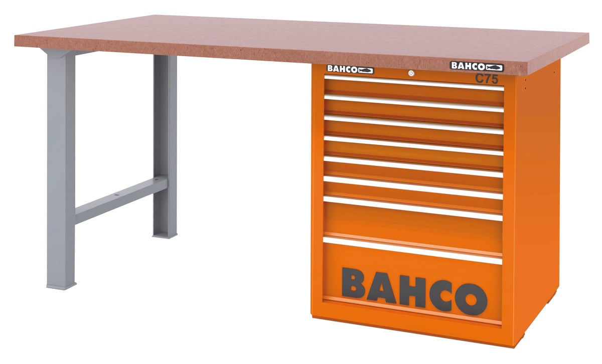 Bahco Werkbank | heavy-duty | met MDF werkblad | ladeblok | 8 lades | 2 poten | zwart | 1800 mm x 750 mm x 880 mm - 1495KH8BKWB18TD
