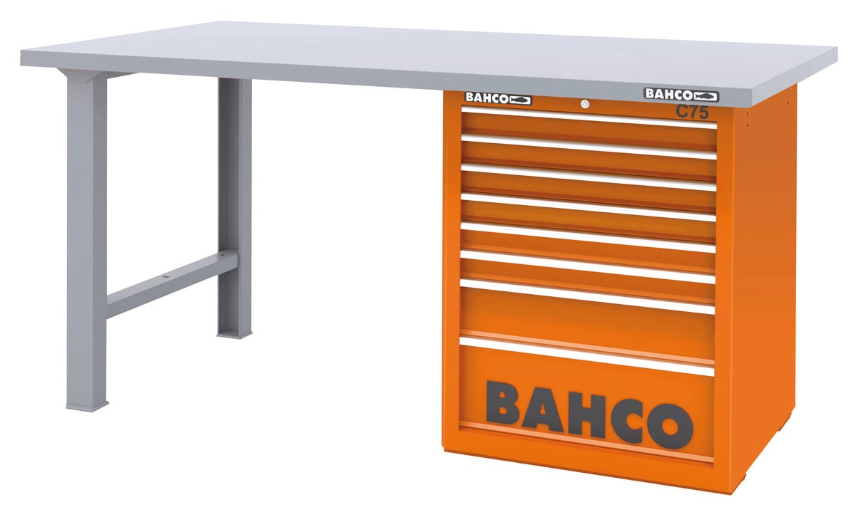Bahco Werkbank | heavy-duty | met stalen werkblad | ladeblok | 8 lades | 2 poten | oranje | 1500 mm x 750 mm x 880 mm 1495KH8RDWB15TS