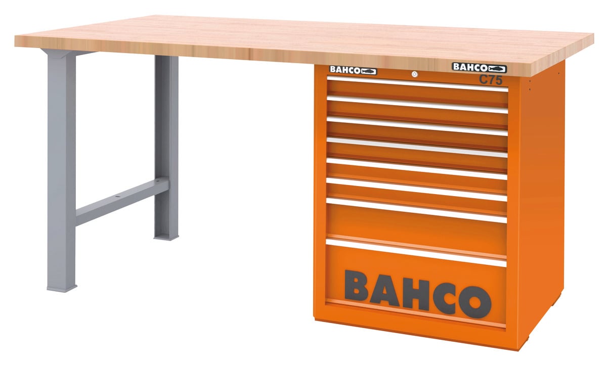 Bahco Werkbank | heavy-duty | met houten werkblad | ladeblok | 8 lades | 2 poten | oranje | 1800 mm x 750 mm x 880 mm - 1495KH8RDWB18TW