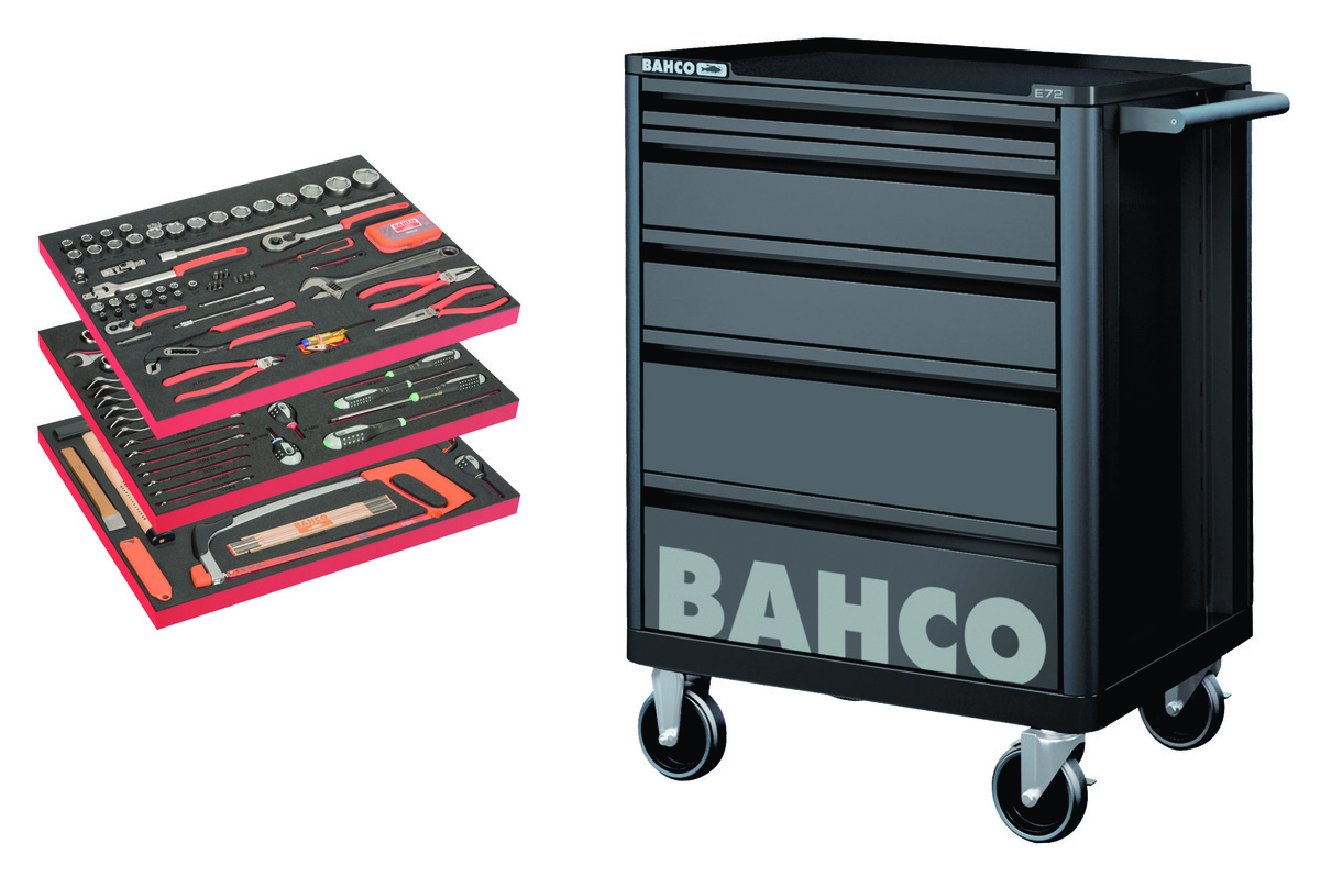 Bahco Gereedschapswagen 26" E72 met 5 lades | zwart | voor algemeen gebruik | inclusief 3 gevulde lades 158-delig BASIC