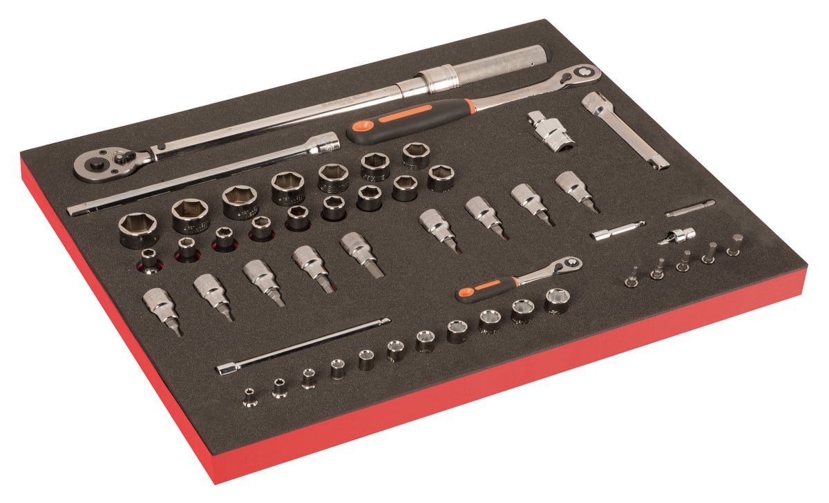 Bahco Foaminlay Fit&Go 3 3 met doppen en toebehoren 1 2" en 1 4" doppen en toebehoren en momentsleutel 51-delig FF1A194