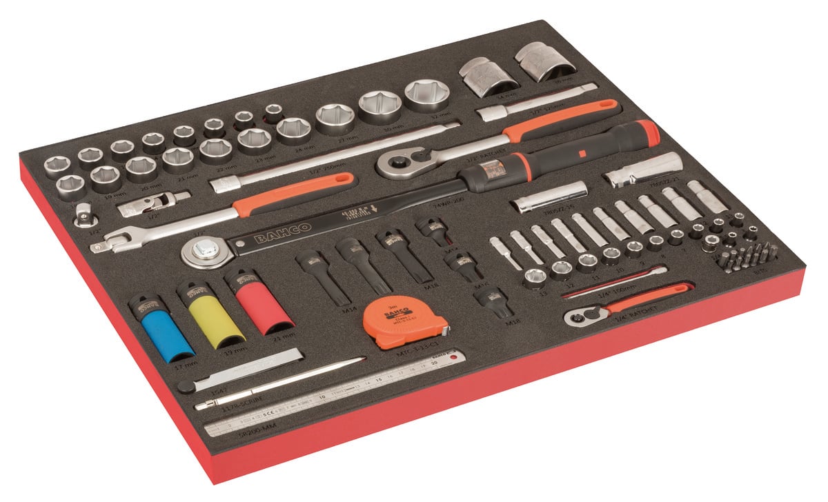 Bahco Foaminlay Fit&Go 3 3 met doppen en toebehoren 1 4" | momentsleutel en bougiedoppen met lasermarkering 79-delig FF1A218LM