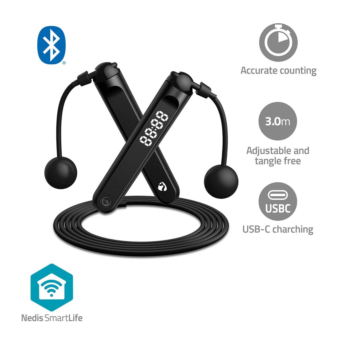 Nedis SmartLife Buitensport | Springtouw | Bluetooth® | Dual Hall sensor | LED-Scherm | PVC | 3.00 m | Snoerloze Ballen / Tasje | Zwart - BTHJR10BK
