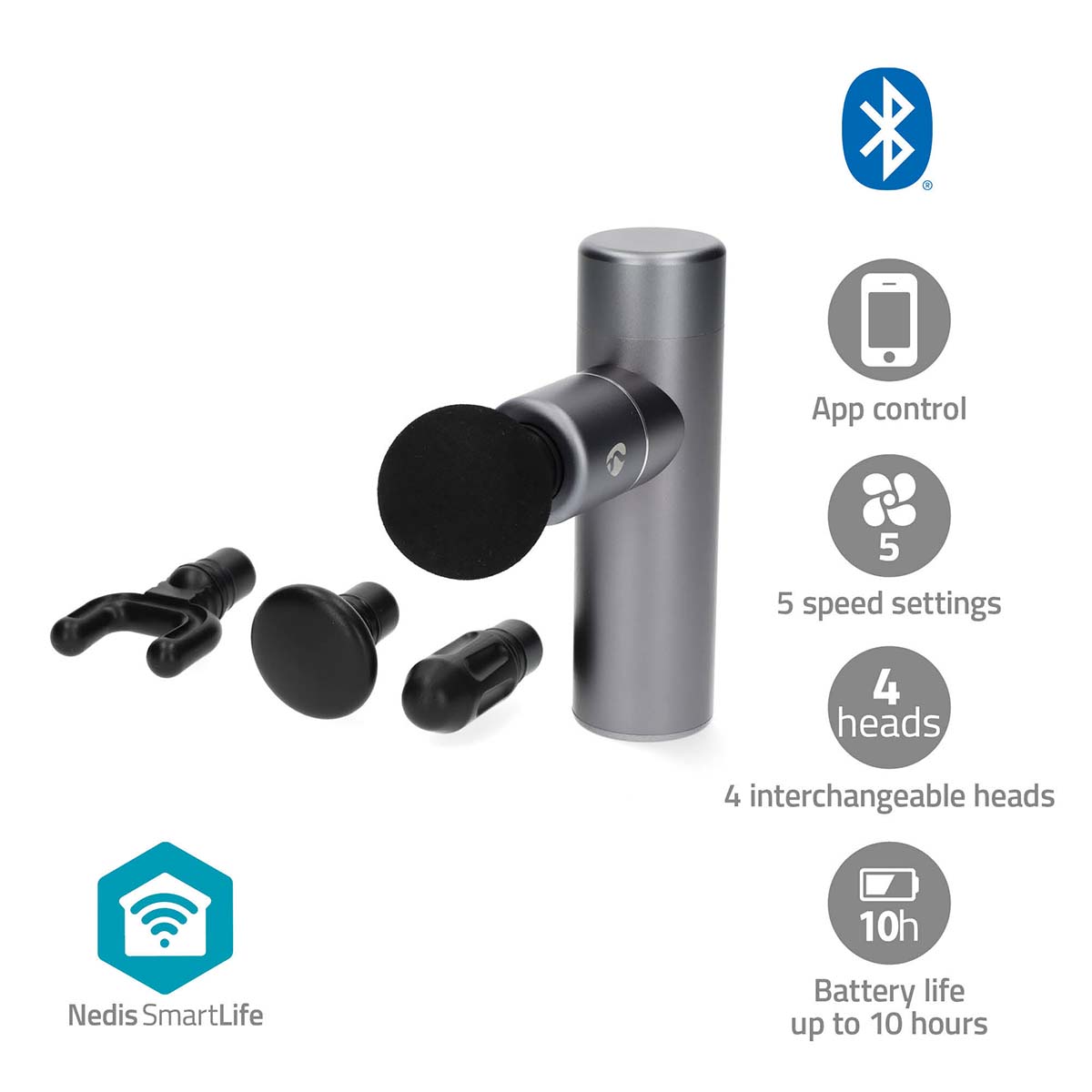 Nedis SmartLife Sportmassagepistool | Accu gevoed | Ingebouwde Lithium-Ion | Oplaadbaar | 5 Massage Modes | Bolvormige kop | Donkergrijs BTHMSG10GY