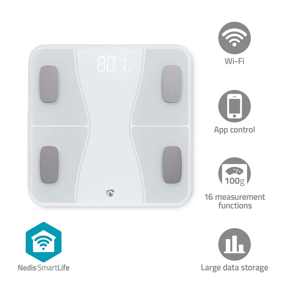 Nedis SmartLife Personenweegschaal | Bluetooth | BMI BMR Botten Gewicht Spieren Vet Water | 12 | Piekbelasting: 180 kg | Android™ IOS |