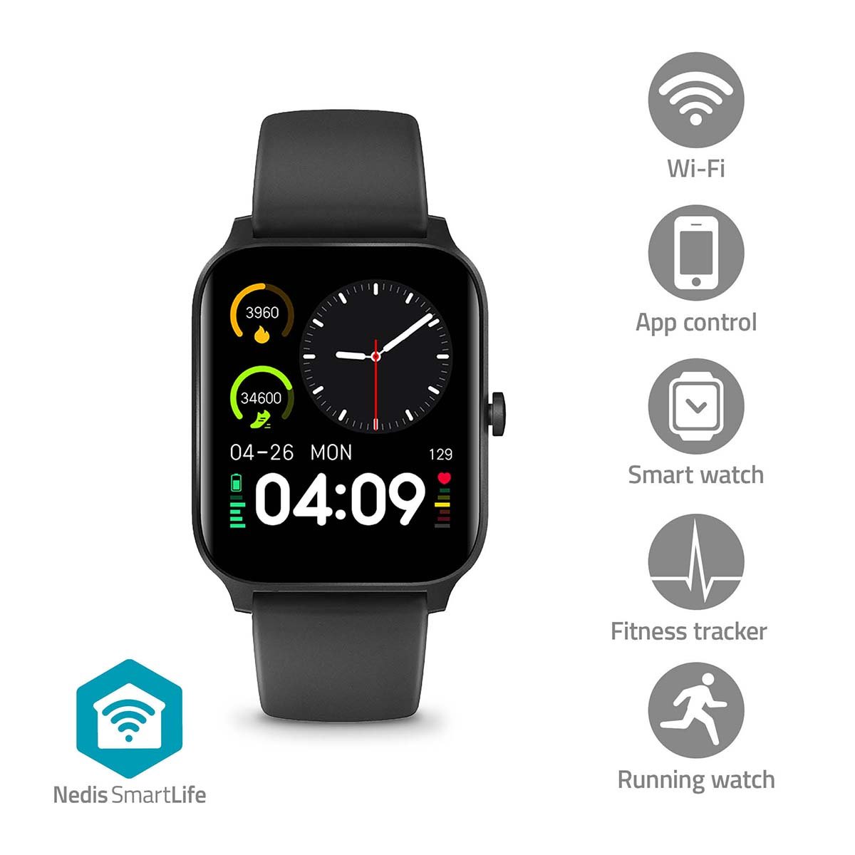 Nedis SmartLife-horloge | LCD | IP68 | Maximale gebruiksduur: 14400 min | Android™ IOS | Zwart BTSW30BK