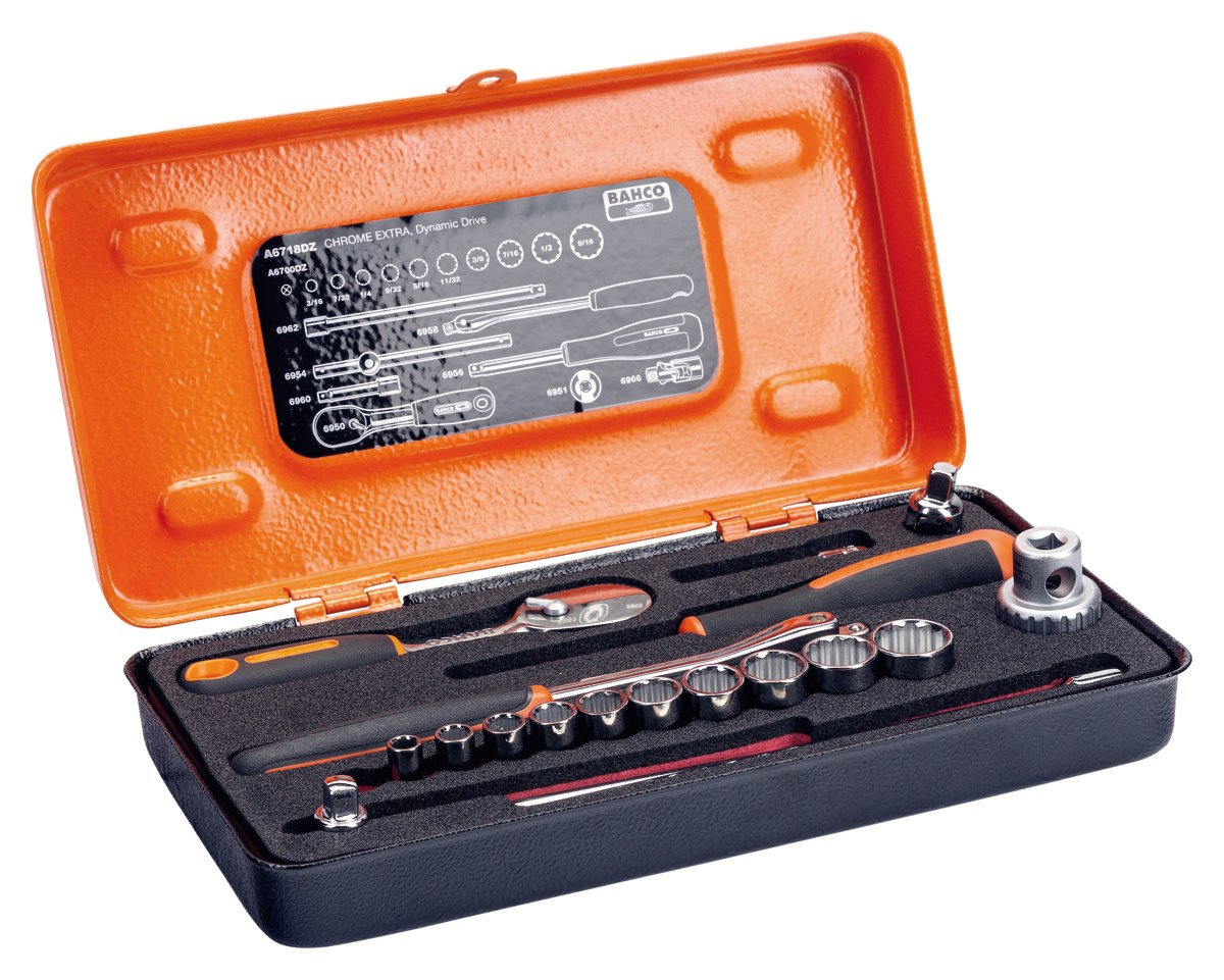Bahco Doppenset 1 4" | peervormige ratel | twaalfkant | inch-maten 18-delig metalen koffer A6718DZ