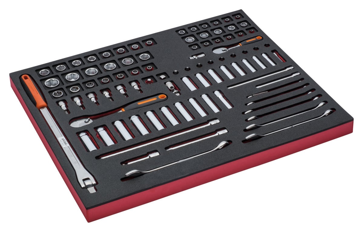 Bahco Foaminlay Fit&Go 3 3 met doppen en toebehoren 1 4" en 3 8" en ringsteeksleutels 91-delig FF1A5003