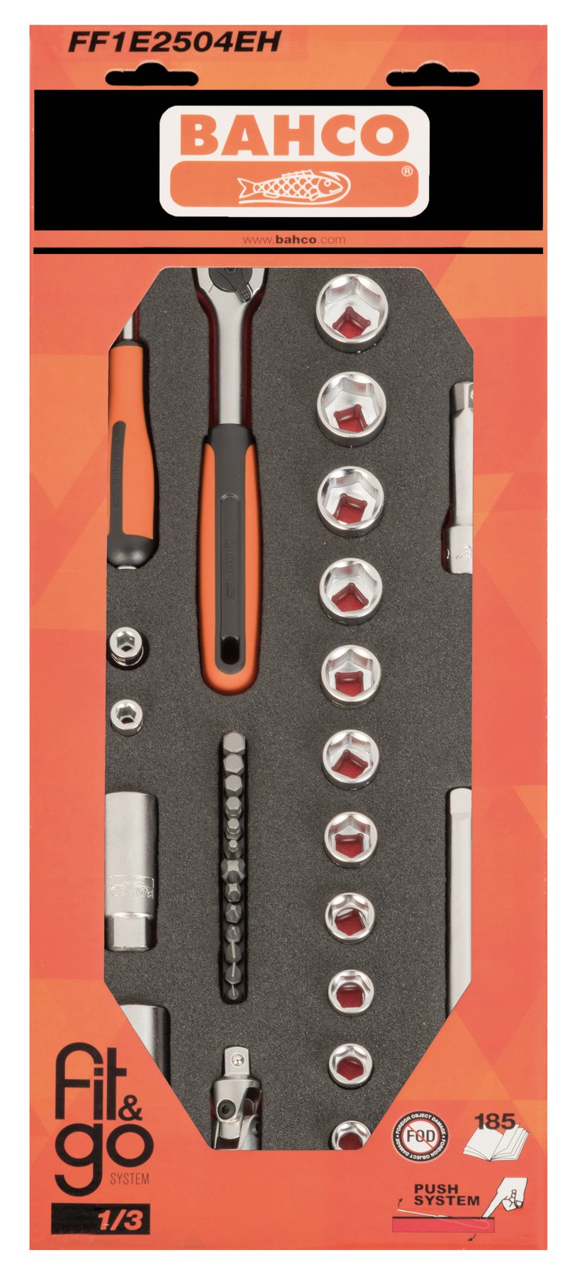 Bahco Foaminlay Fit&Go 1 3 met doppen en toebehoren 1 4" en 3 8" 33-delig retailverpakking FF1E2504EH