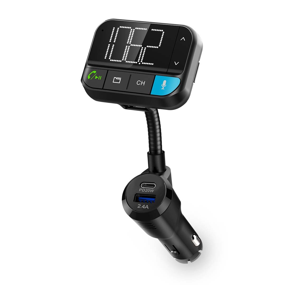Nedis FM-Audiotransmitter voor Auto | Zwanenhals | Handsfree bellen | 2 " | Zwart-Wit Scherm | Bluetooth | PD 20 W QC 3.0 | Snelladen | Bass boost