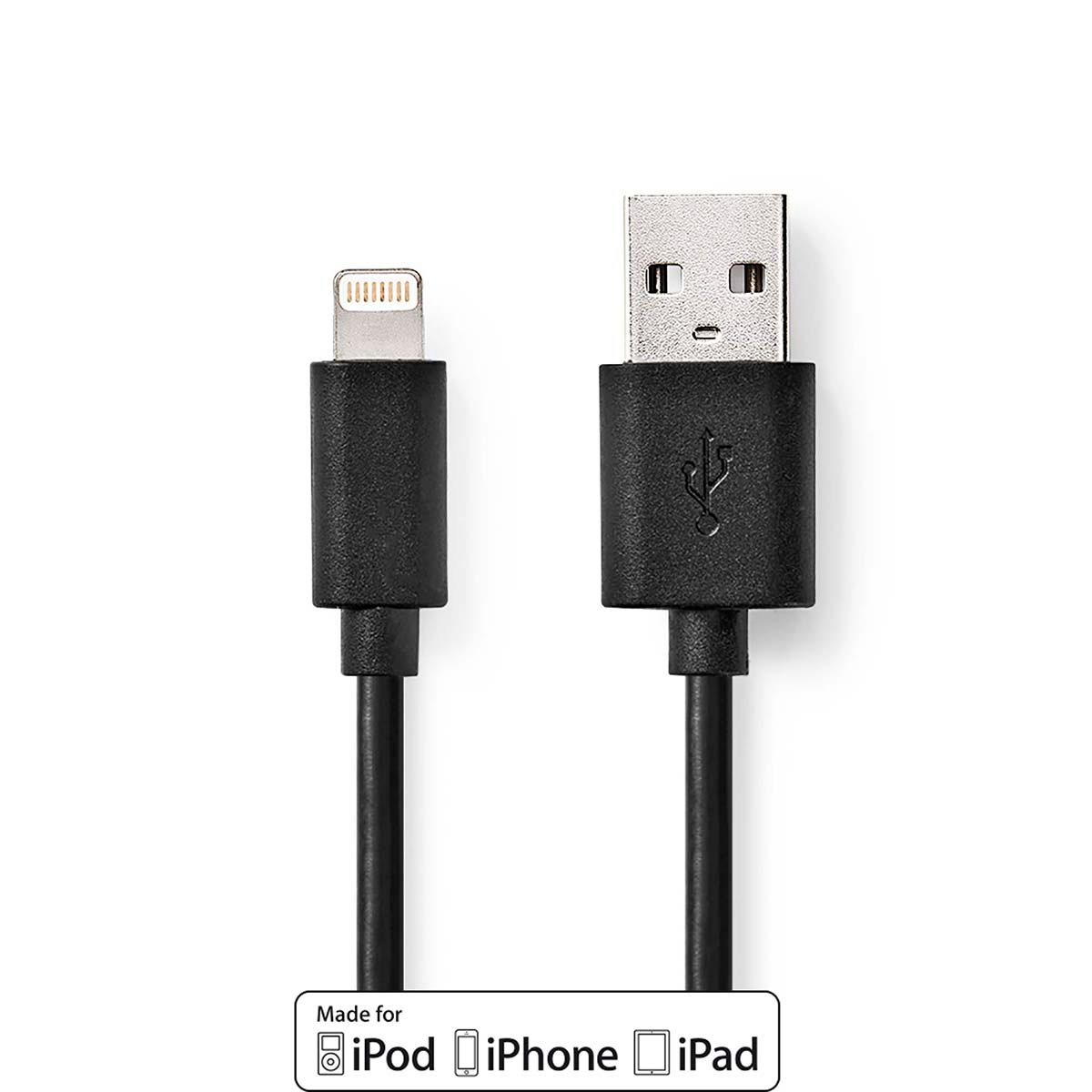 Nedis Lightning Kabel | USB 2.0 | Apple Lightning 8-Pins | USB-A Male | 480 Mbps | Vernikkeld | 1.00 m | Rond | PVC | Zwart | Label CCGL39300BK10