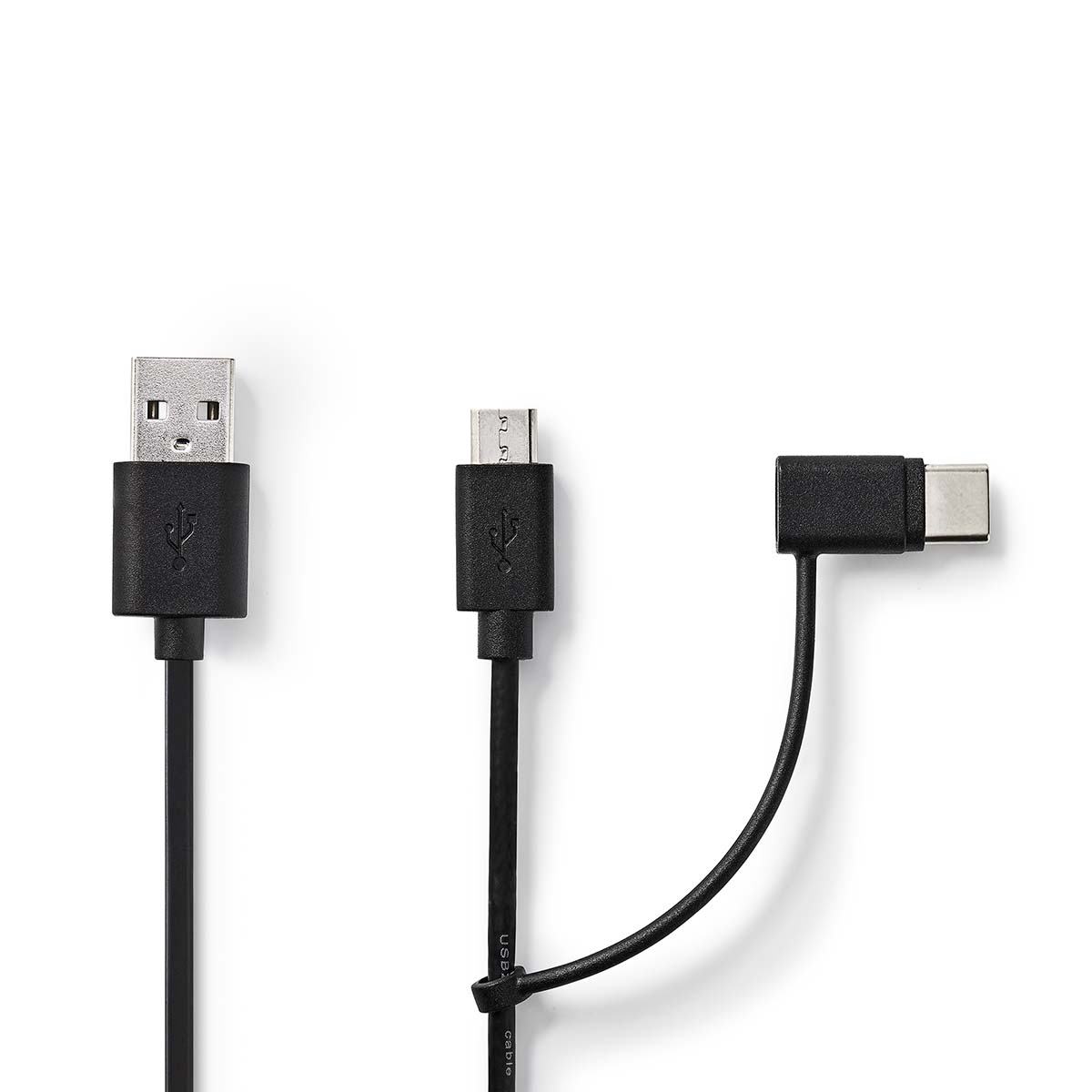Nedis 2-in-1-Kabel | USB 2.0 | USB-A Male | USB Micro-B Male USB-C™ Male | 480 Mbps | 1.00 m | Vernikkeld | Rond | PVC | Zwart | Label