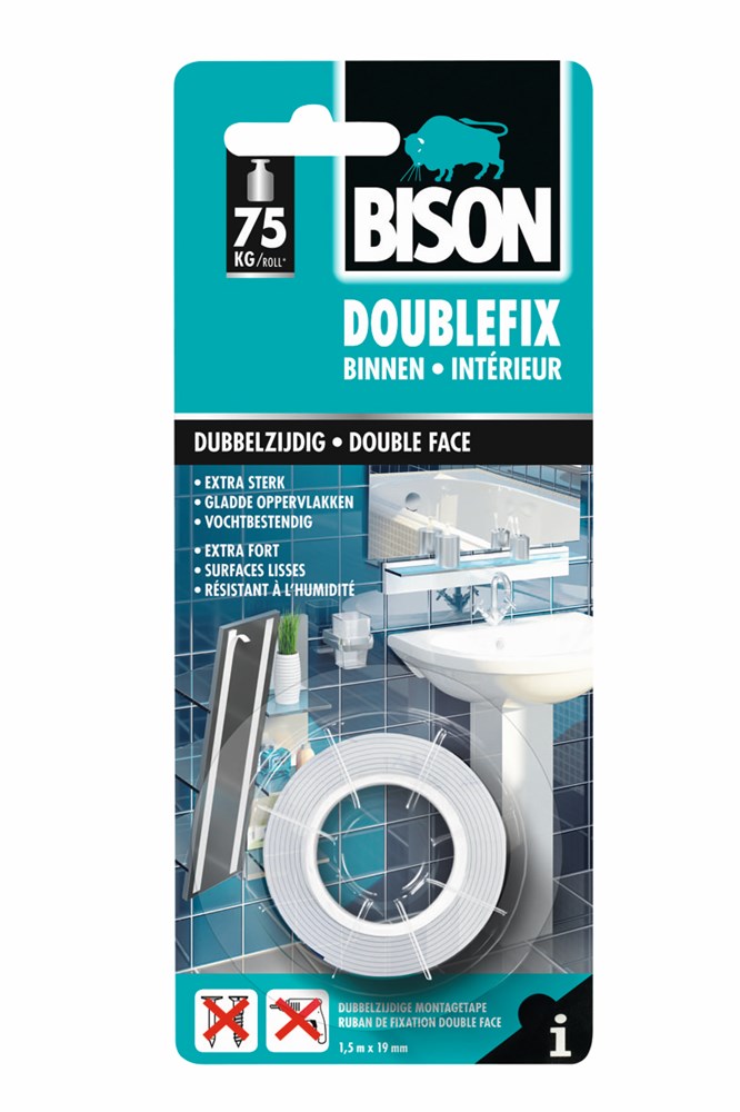 Bison Dubbel Fix rol 19 mm wit kaart