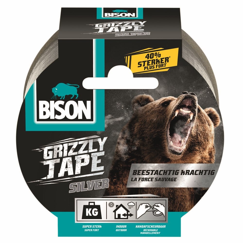 Bison Grizzly tape zilver rol 25 mtr