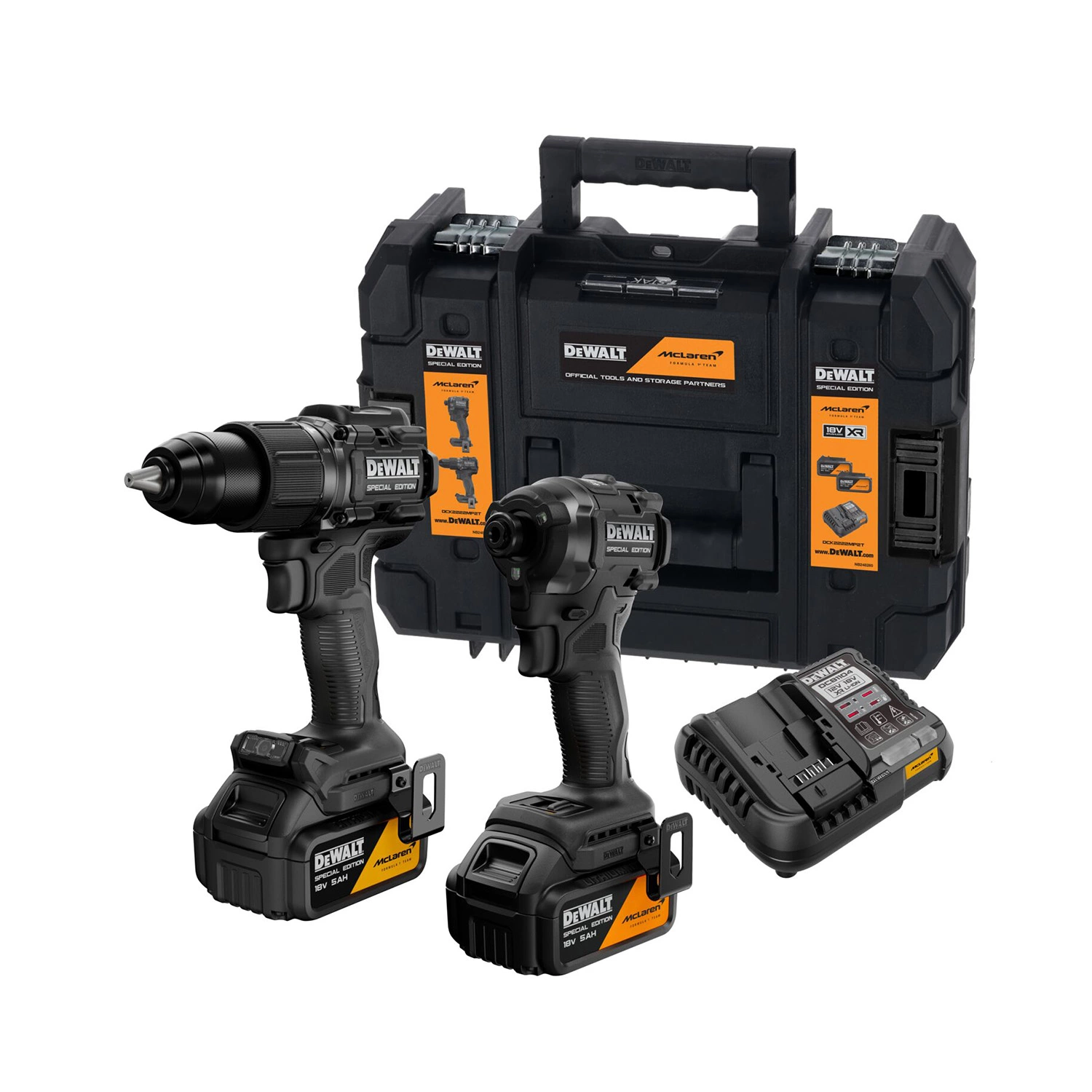 DeWalt DCK2222MP2T-QW 18V XR x MCLAREN Brushless 2-delige combiset in TSTAK | incl 2x 5.0Ah accu en lader - DCK2222MP2T-QW afbeelding