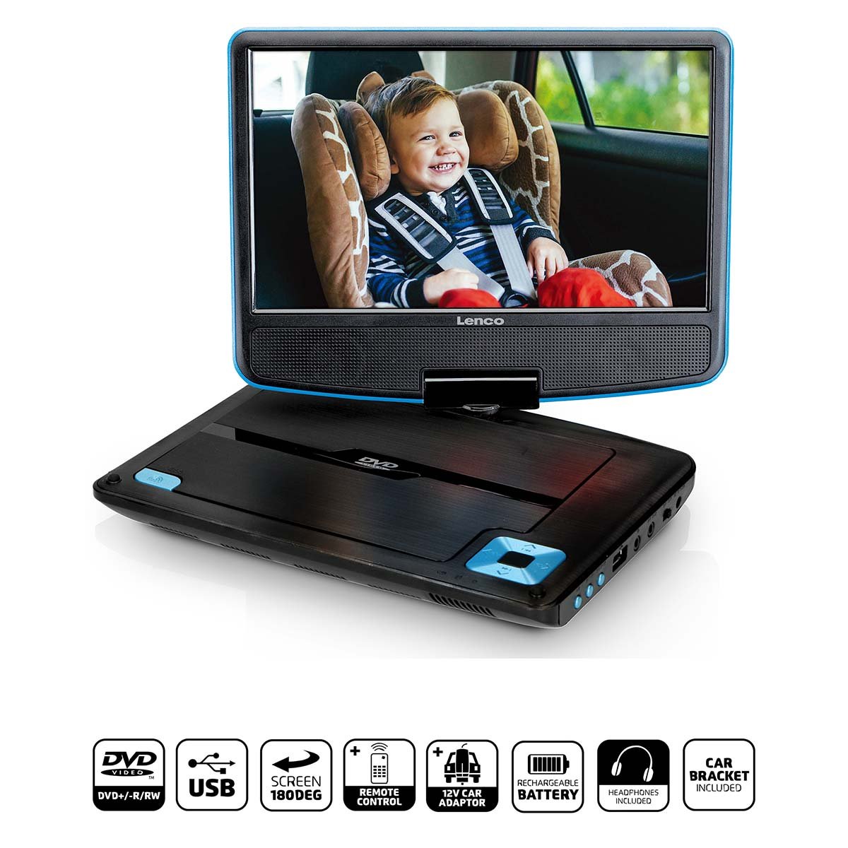 Lenco Draagbare 9" DVD-speler met USB-koptelefoon en montagebeugel Blauw / Zwart - DVP-910BU