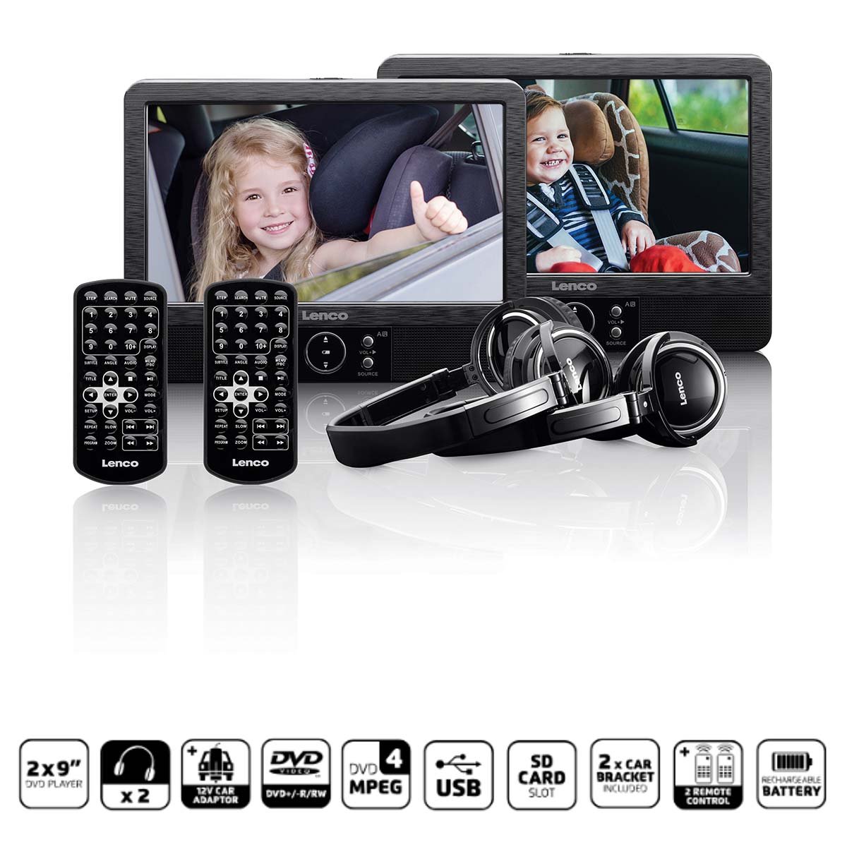 Lenco 2x 9" draagbare DVD-speler met USB SD ingebouwde batterij hoofdtelefoon en beugel Zwart DVP-939