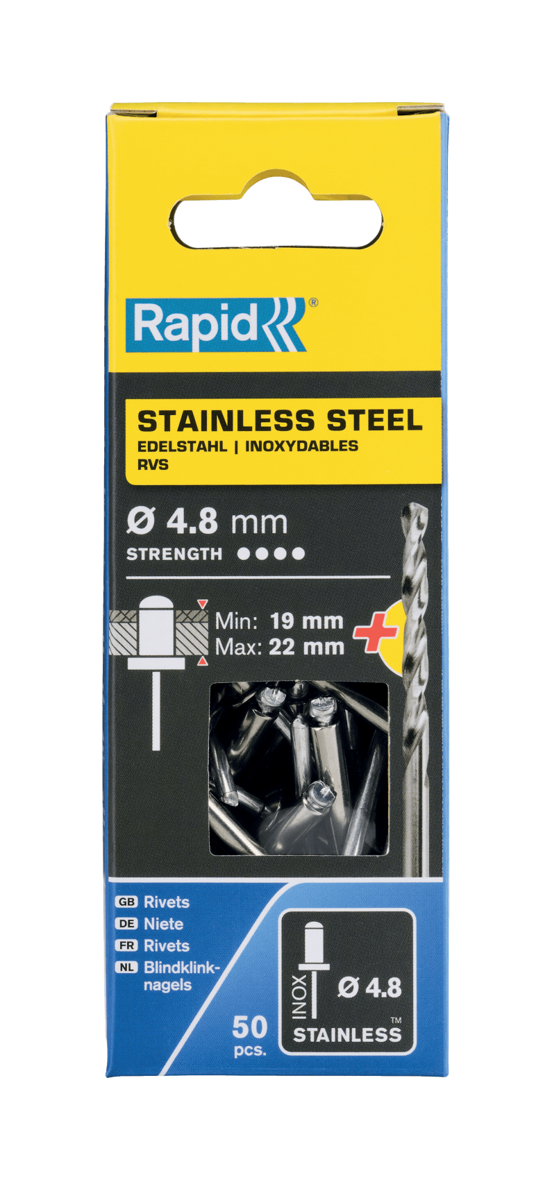 Rapid Blindklinknagels RVS | Ø4,8 x 25 mm | Incl. Boor | 50 Stuks - 5000398