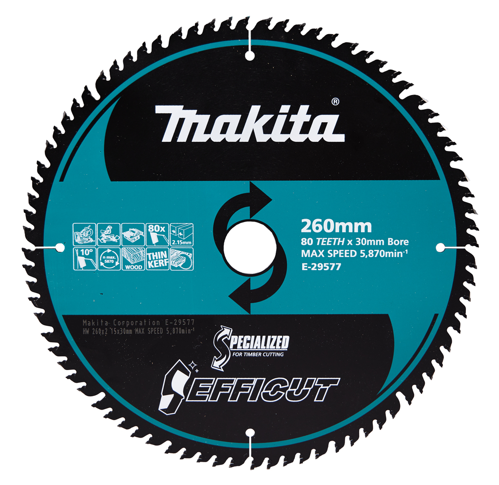Makita accessoires Afkort-/Tafelzaagblad Hout Efficut | 260x30x2,15 mm | 80T | 10g - E-29577