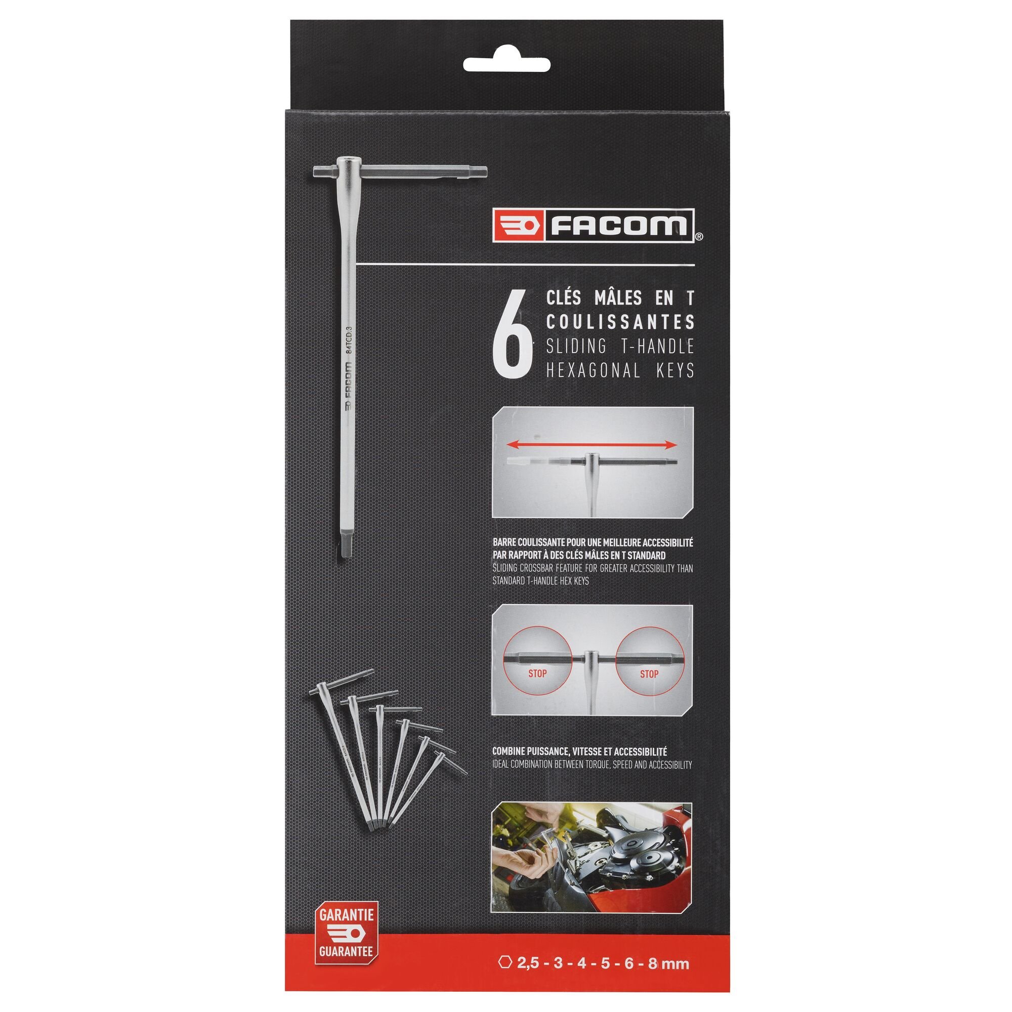 Facom Set van 6 T-sleutels met Verschuifbare Stang - 84TCD.J6PB