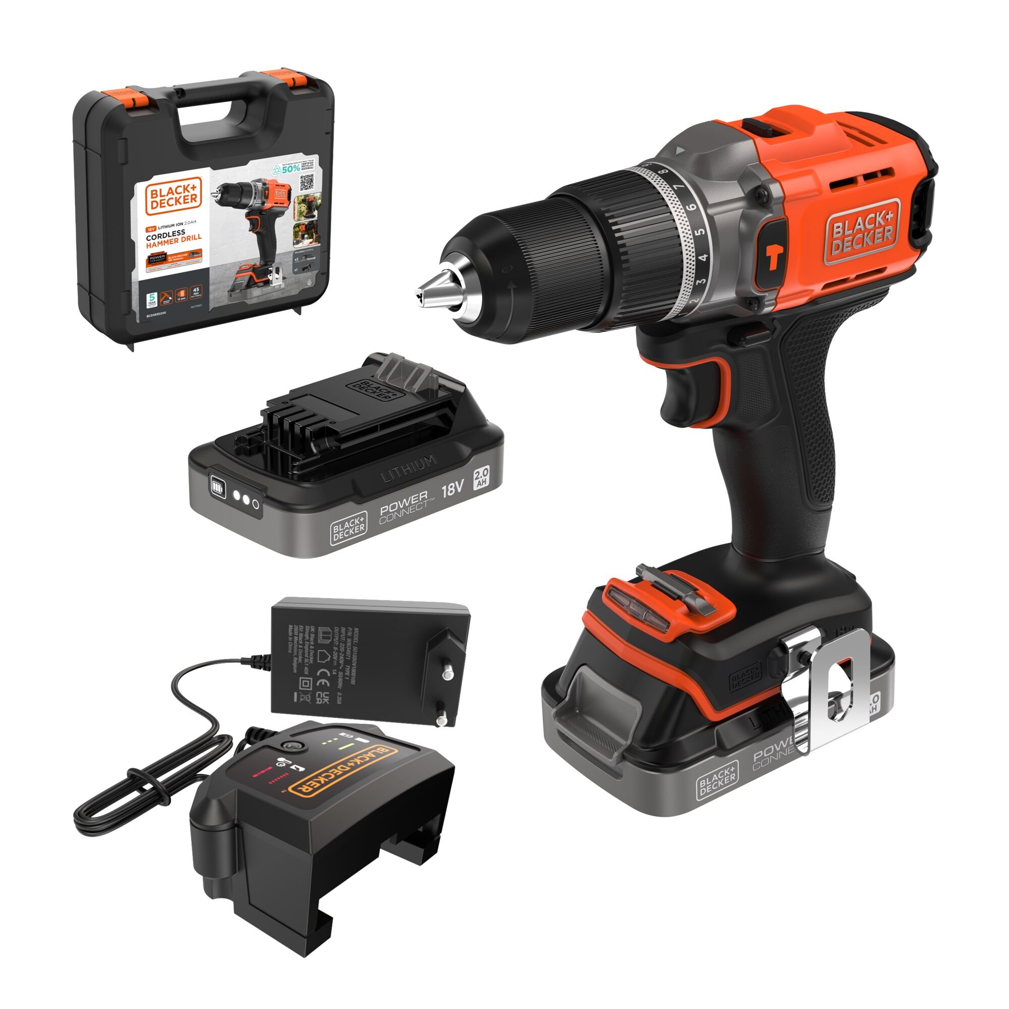 BLACK+DECKER BCD383D2XK 18V 2x2.0Ah Schroefklopboormachine in koffer - BCD383D2XK-QW