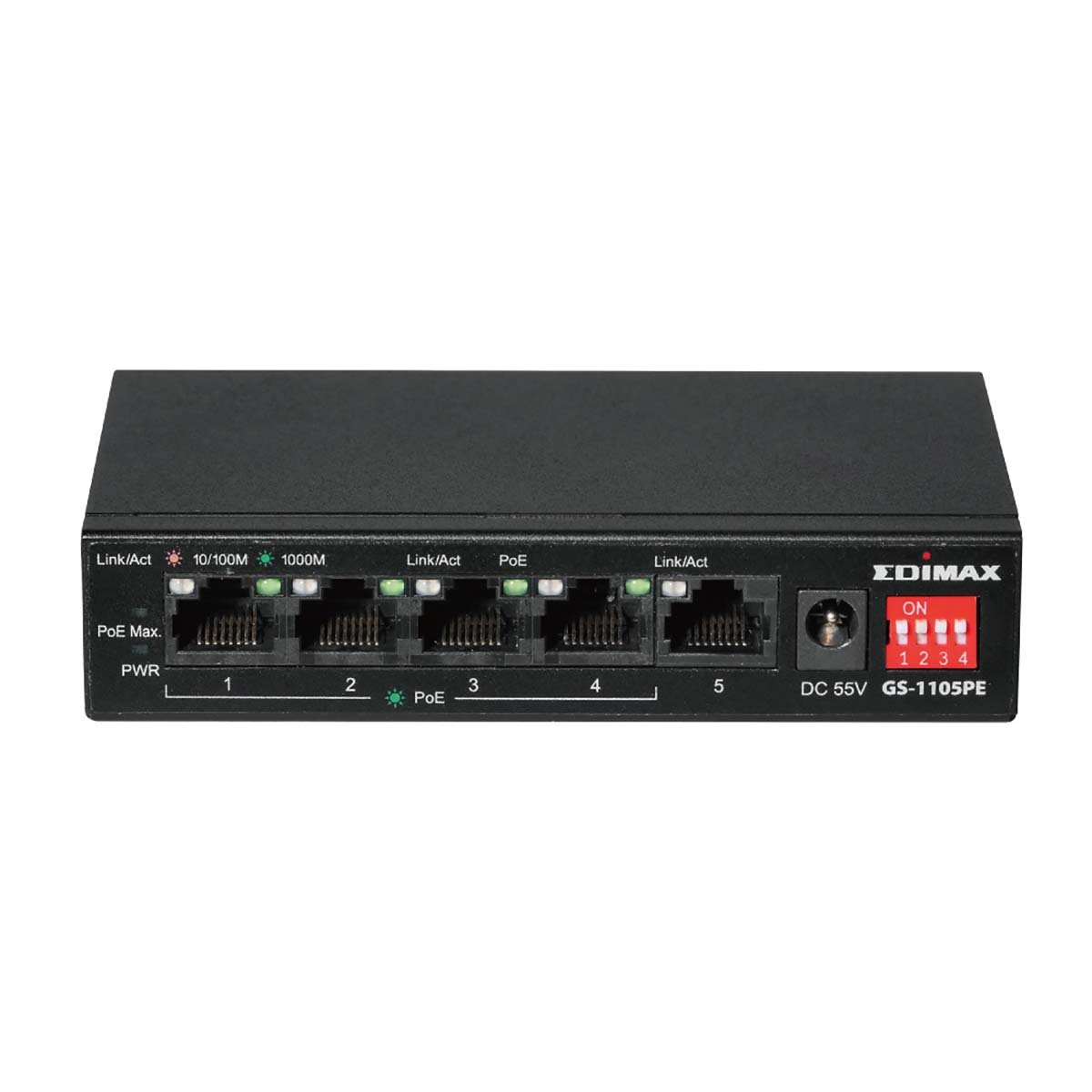 Edimax 5-poorts Gigabit PoE+ schakelaar met lange reikwijdte, 4 PoE+ poorten en DIP-schakelaar - GS-1105PE