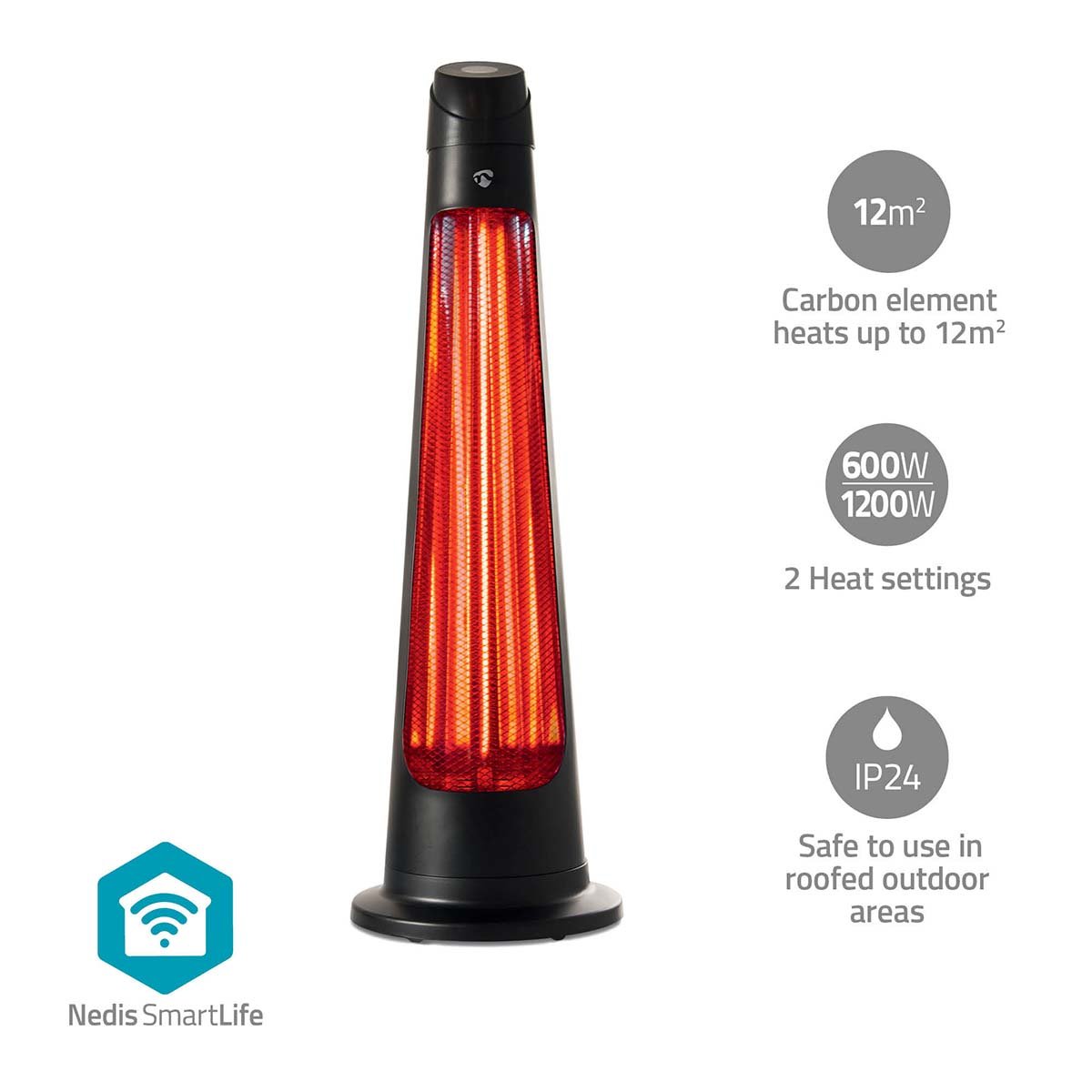 Nedis SmartLife Patio Verwarmer | Wi-Fi | 1200 W | 2 Warmte Standen | Zwenkfunctie | Omvalpreventie | IP24 | Zwart HTPA21BKW