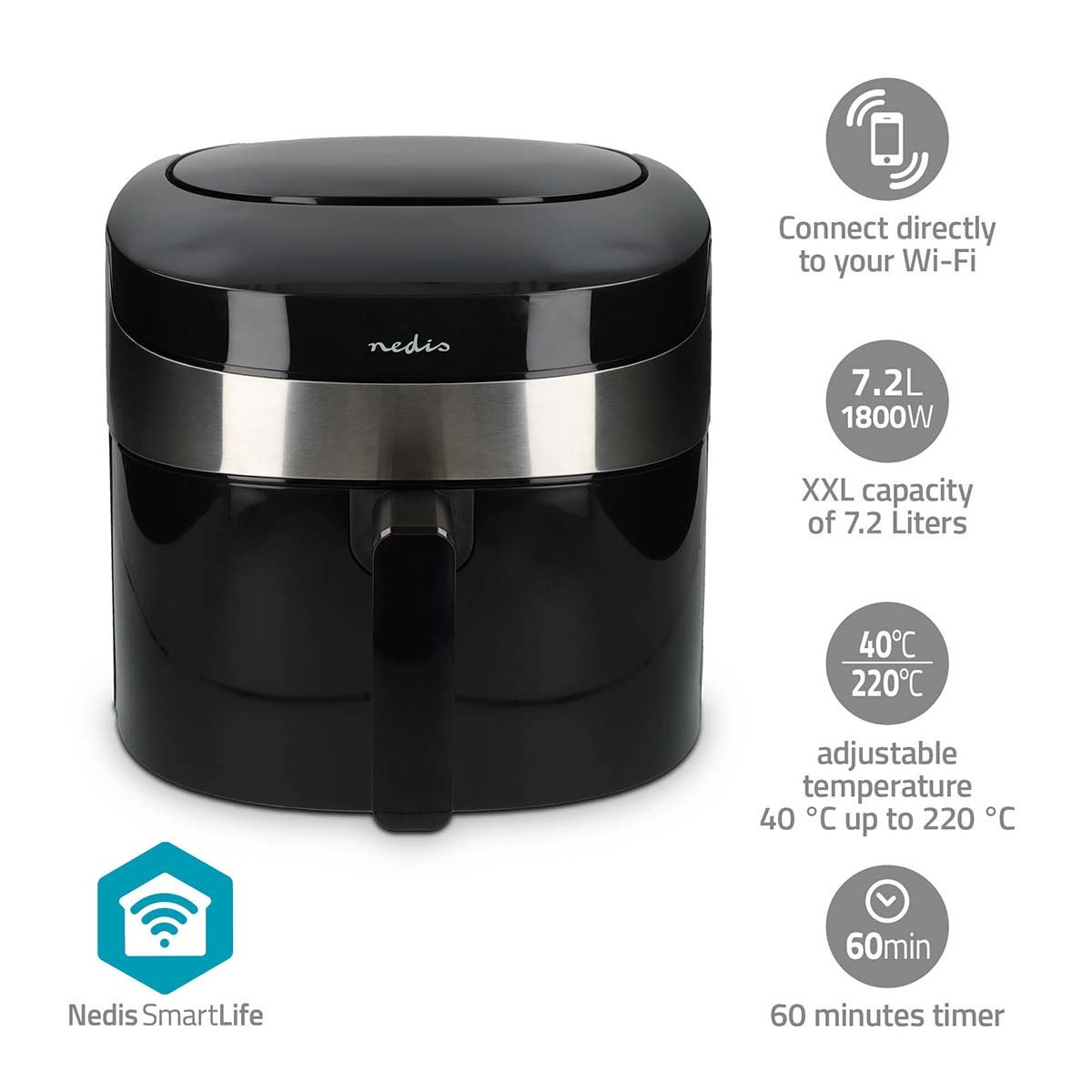 Nedis SmartLife Heteluchtfriteuse | Wi-Fi | 7 2 l | Tijdschakelaar: 60 min | Aantal vooraf ingestelde programma&apos;s: 8 | Digitaal | Android™ IOS |