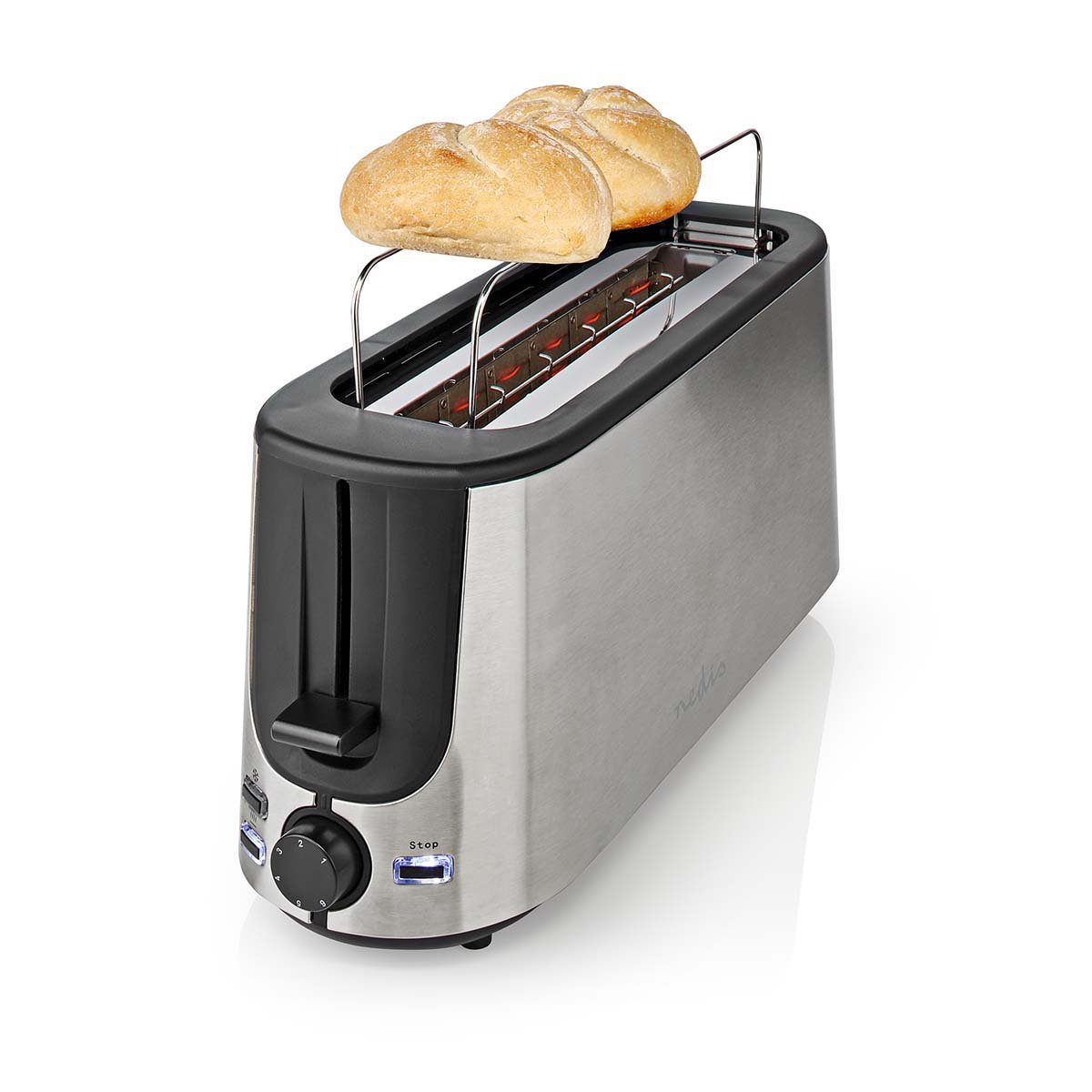 Nedis Broodrooster | Roestvrij Stalen Serie | 2 Sneetjes Brood | 1 Lange sleuf | Bruining niveaus: 6 | Ontdooifunctie | Broodjesrek | Aluminium
