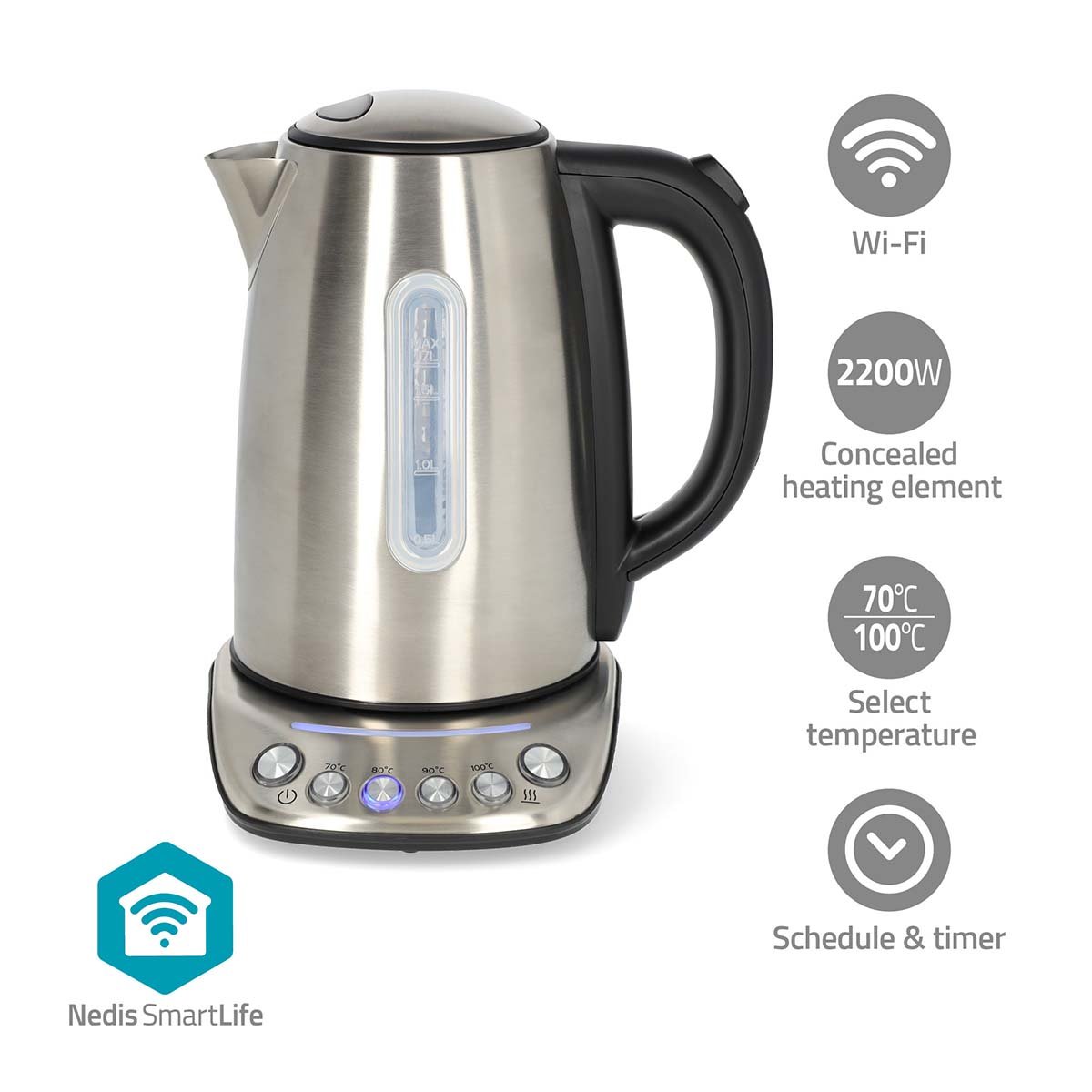 Nedis SmartLife Waterkoker | Wi-Fi | 1.7 l | Roestvrij Staal | 70 80 90 100 °C | Temperatuurindicator | 360 graden draaibaar | Verborgen