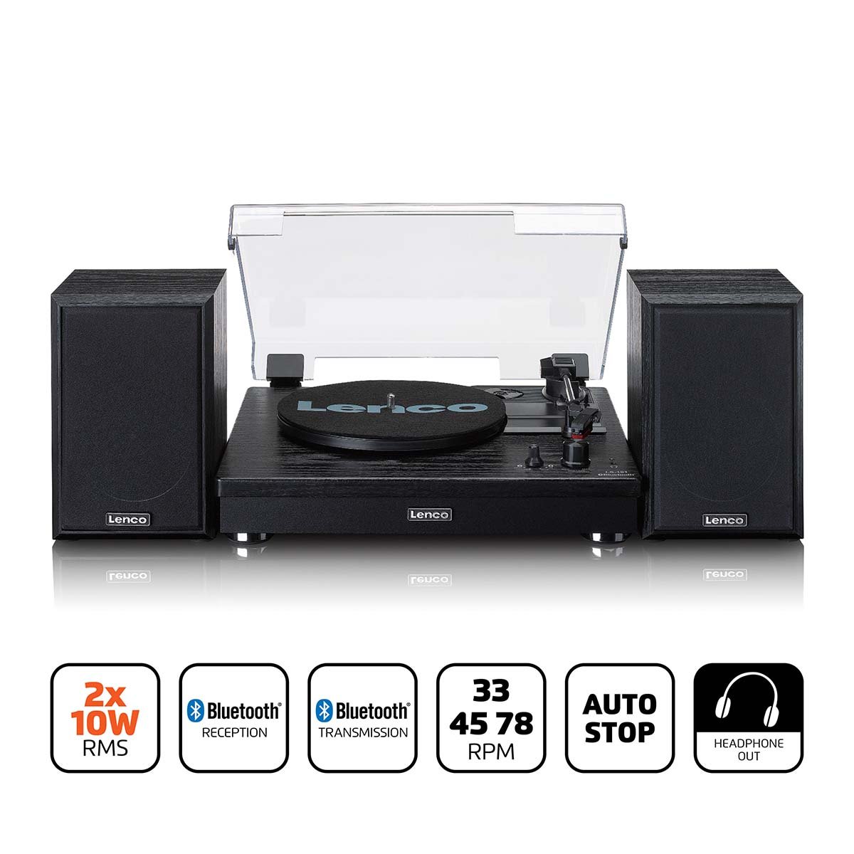 Lenco Riemaandrijving houten platenspeler met Bluetooth-ontvangst en 2 externe luidsprekers LS-101BK