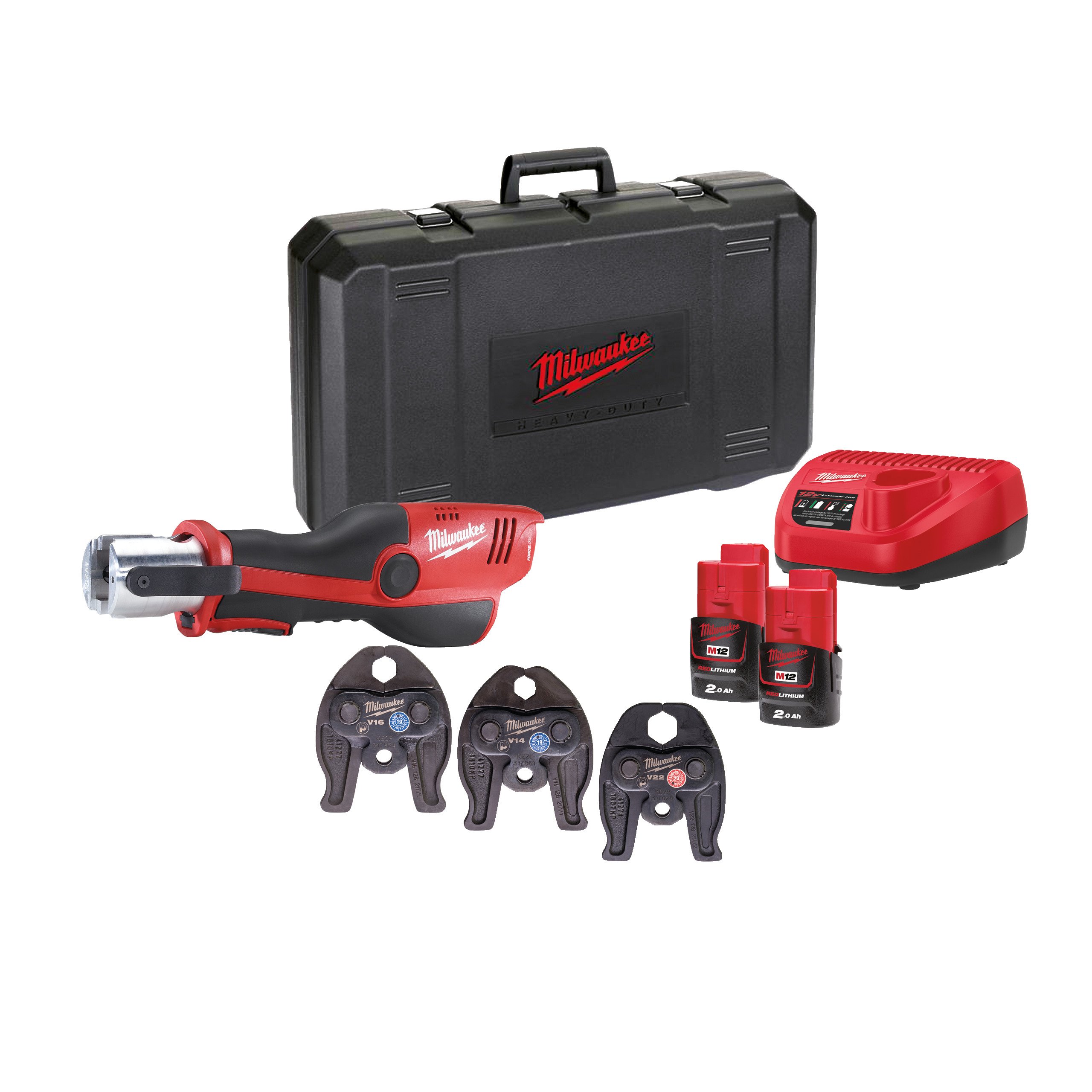 Milwaukee M12 HPT-202C V-SET2 M12 perstang, hydraulisch, 3x V-profiel bek 14/16/22, 2 x 2,0 Ah - 4933459382