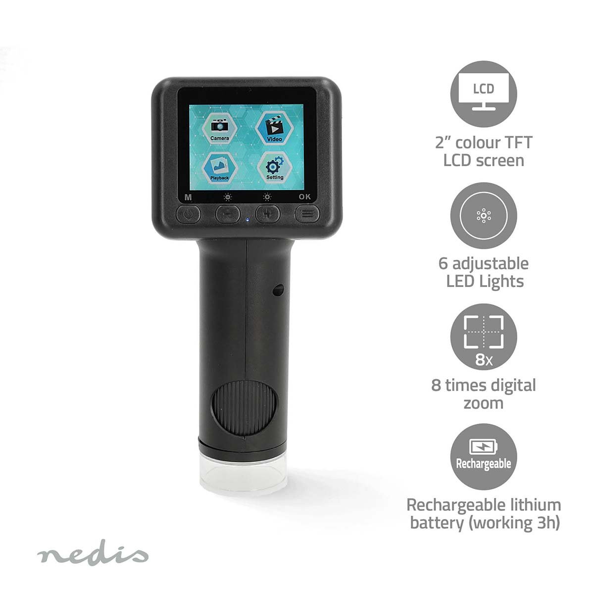 Nedis Microscoopcamera | 1080p@30fps | 48 MPixel | Zoom: 8 x | Vergroting: 500 x | Scherm grootte: 2 " | Ja | Zwart - MCAM2424BK