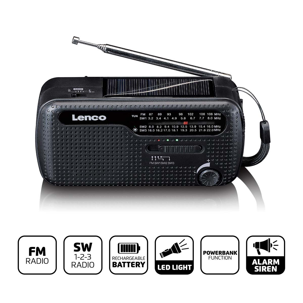 Lenco Draagbare opwindbare noodradio zaklamp en powerbank in één Zwart MCR-113BK