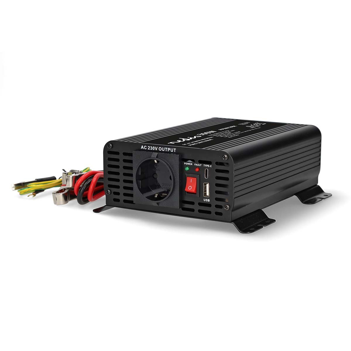 Nedis Omvormer Pure Sinusgolf | Ingangsvoltage: 12 V DC | Apparaat stroomoutput: Type F (CEE 7 3) USB-A USB-C™ | 230 V AC 50 Hz | Zekering | Zwart