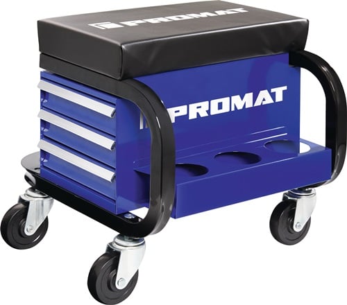 Promat Werkplaatsrolzit | met wielen en aflegplank | leerpolster blauw/zwart - 4000871041 4000871041