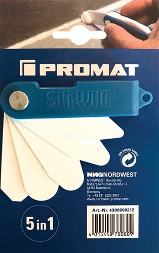 Promat Siliconen-plamuurmes | 5 in 1 | passend voor alle siliconevoegen | kunststof 1 stuks op kaart | lengte 85 mm breedte 15 mm - 4300000212 -